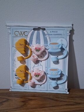 Cook With Color Silicone Straw Toppers Yellow, Pink, Blue Cute Tea & Croissant